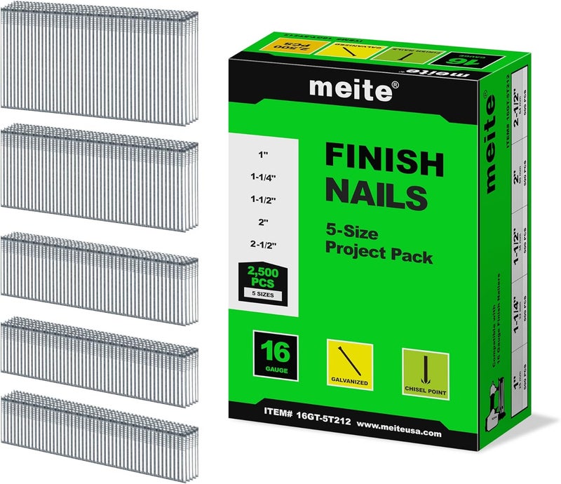 Meite 16 Gauge Finish Nails, Assorted 5 Sizes (1", 1-1/4", 1-1/2", 2", 2-1/2" Each Size 500) Galvanized Straight 16GA Finish Nails, 5 Sizes Project Pack for 16 Gauge Finish Nailer - Image 1
